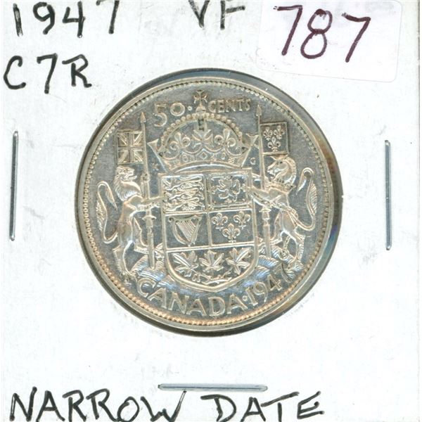 1947 Curved Right 7 Silver 50 Cents. Narrow Date. VF-20.