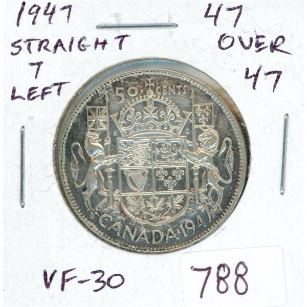 1947 Straight 7 Left Silver 50 Cents. Interesting 47/47 variety. VF-30. Scarce.