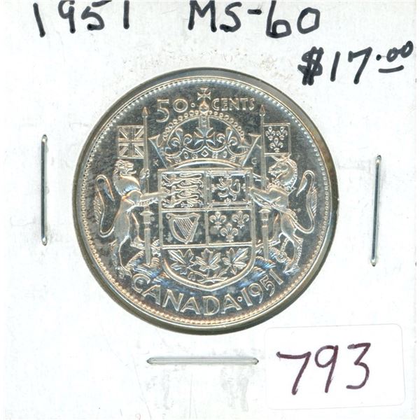 1951 Silver 50 Cents. MS-60.
