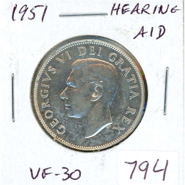 1951 Hearing Aid Silver 50 Cents. Hearing Aid is a result of a Die Clash. VF-30.