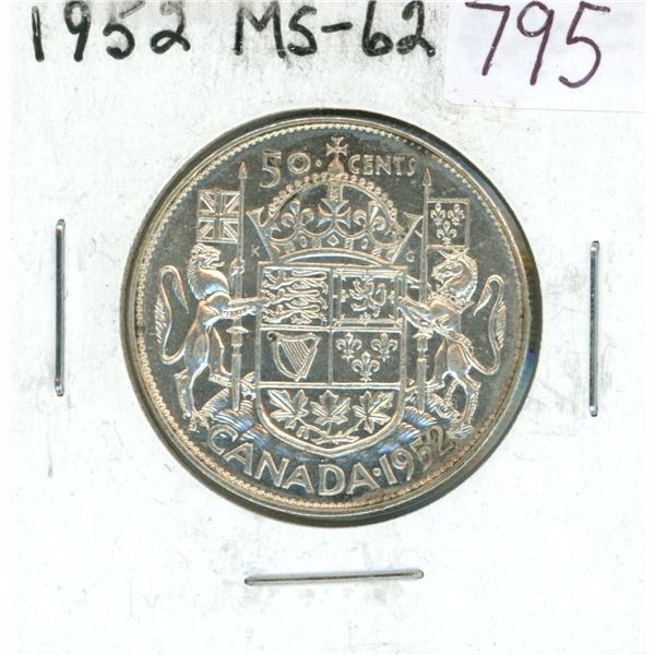 1952 Silver 50 Cents. Last 50 cents issued for King George VI. MS-62.