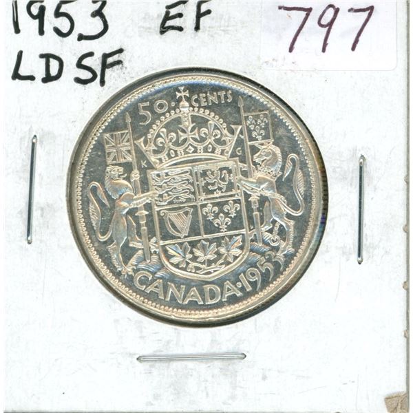 1953 Large Date Shoulder Fold Silver 50 Cents. EF-40.
