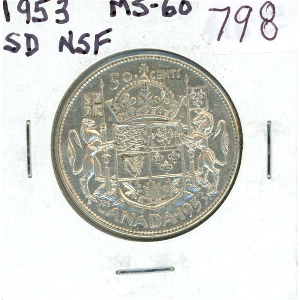 1953 Small Date No Shoulder Fold Silver 50 Cents. MS-60.