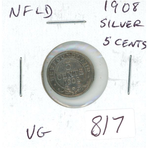 Newfoundland 1908 silver 5 Cents. Mintage of 400,000. VG-8.