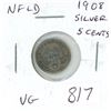 Image 1 : Newfoundland 1908 silver 5 Cents. Mintage of 400,000. VG-8.