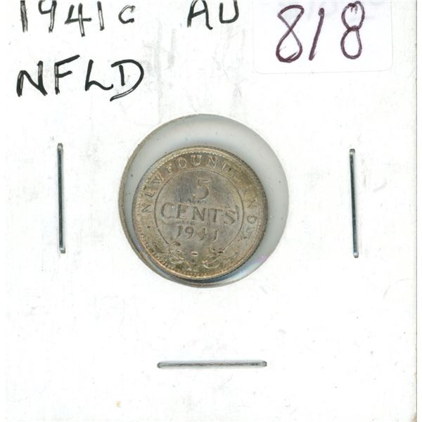 Newfoundland 1941c Silver 5 Cents. Mintage in Ottawa because of World War II. AU-50.