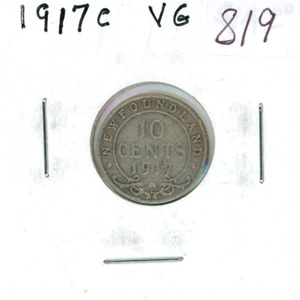 Newfoundland 1917c Silver 10 Cents. Minted in Ottawa because of World War I. Mintage of 250,805. VG-