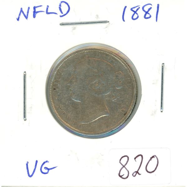 Newfoundland 1881 Silver 20 Cents. Key Date. Mintage of 60,000. VG-8.