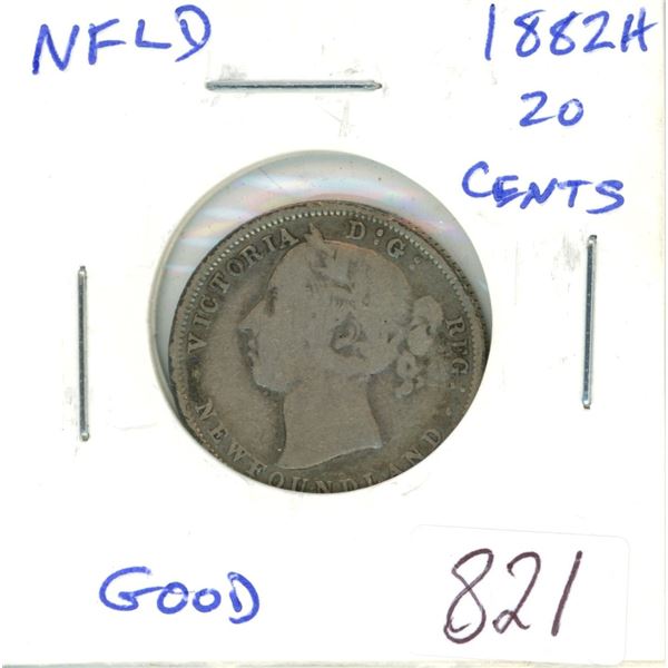 Newfoundland 1882H Silver 20 Cents. Heaton Mint. Key Date. Mintage of 100,000. Good.