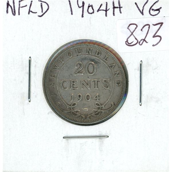 Newfoundland 1904H Silver 20 Cents. Heaton Mint. The only 20 cents issued for King Edward VII. VG-8.