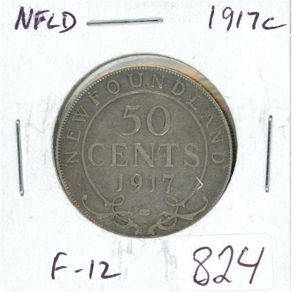 Newfoundland 1917c Silver 50 Cents. Minted in Ottawa because of World War I. Mintage of 375,560. F-1