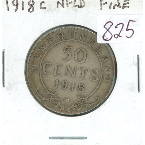 Newfoundland 1918c Silver 50 Cents. Minted in Ottawa because of World War I. Mintage of 294,824. F-1