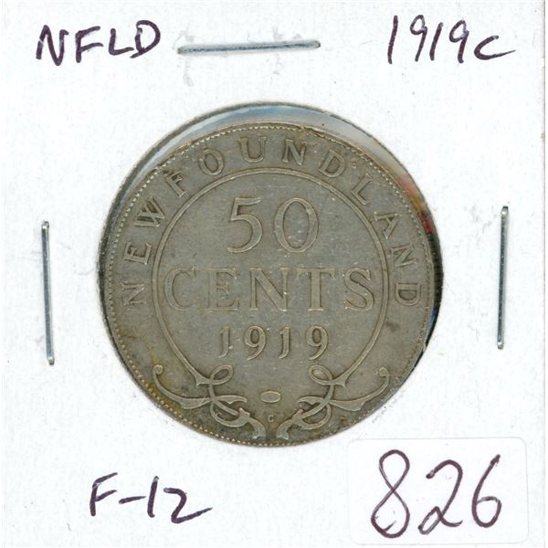 Newfoundland 1919c Silver 50 Cents. Minted in Ottawa. Mintage of 306,267. F-12.