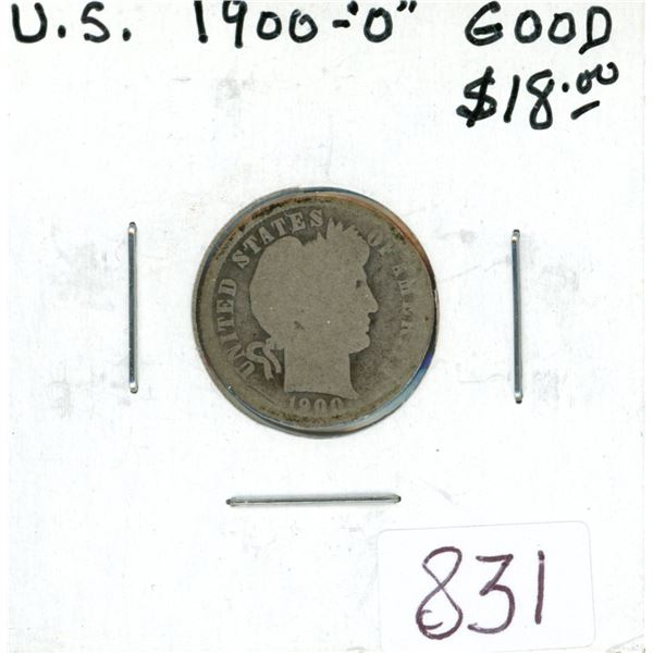 U.S. 1900 O Barber Silver Dime. New Orleans Mint. Good.