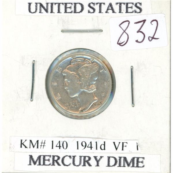 U.S. 1941D Mercury Silver Dime. Denver Mint. VF.