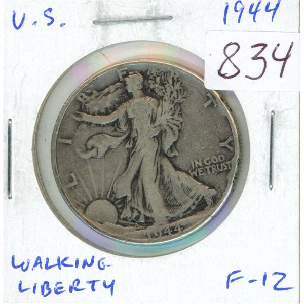 U.S. 1944 Walking Liberty Silver Half Dollar. Philadelphia Mint. F-12.