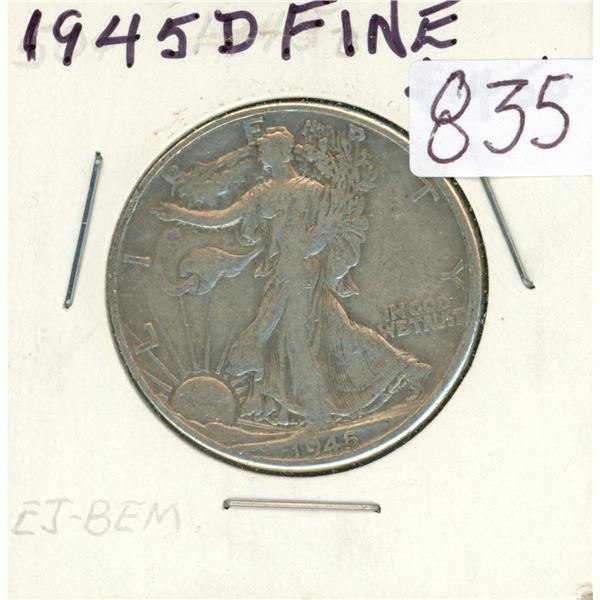 U.S. 1945 D Walking Liberty Silver Half Dollar. Denver Mint. F-12.