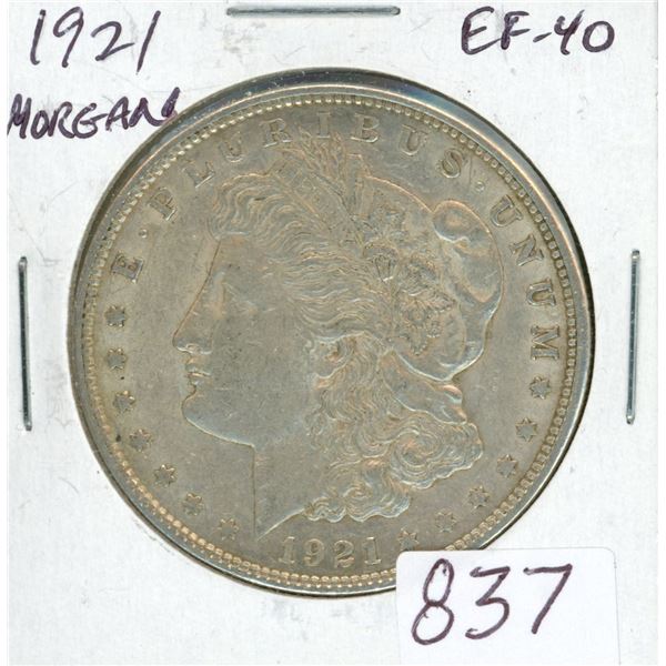 U.S. 1921 Morgan Silver Dollar. Philadelphia Mint. 100 years old. EF-40.
