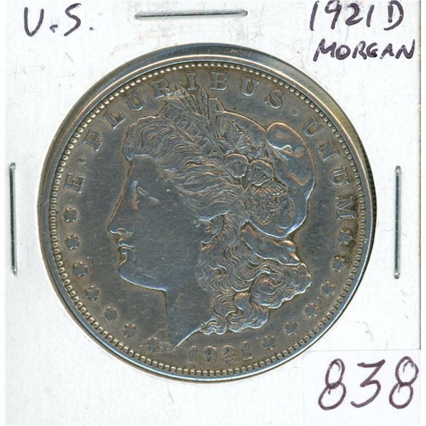 U.S. 1921D Morgan Silver Dollar. Denver Mint. 100 years old. EF-40.