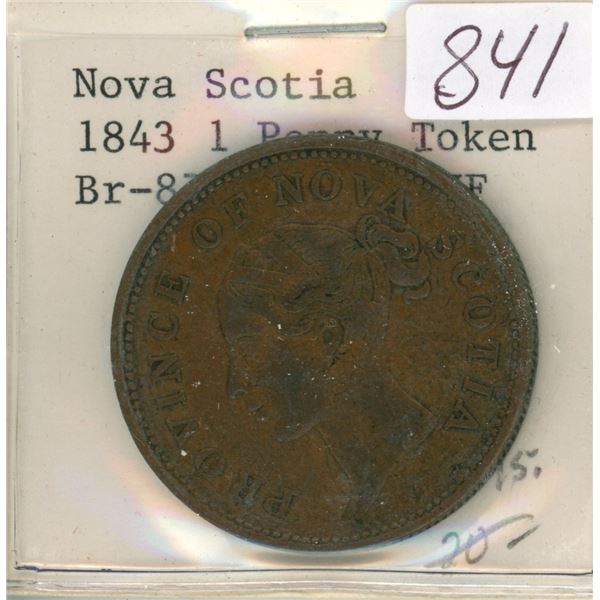 Pre-Confederation Token. Nova Scotia. 1843 One Penny Token. NS-2D1. VF.