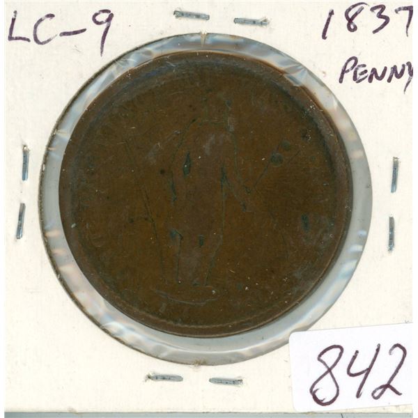 Pre-Confederation Token. Lower Canada. 1837 City Bank One Penny Token. LC-9. VG.