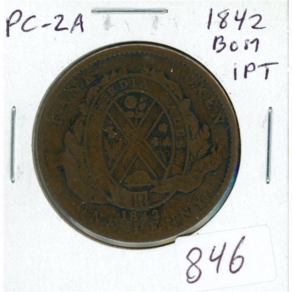 Pre-Confederation Token. Province of Canada 1842 One Penny Token. Bank of Montreal. Bank of Montreal