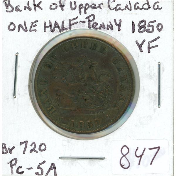 Pre-Confederation Token. Province of Canada 1850 Half Penny Token. Bank of Upper Canada. PC-5A. Coin