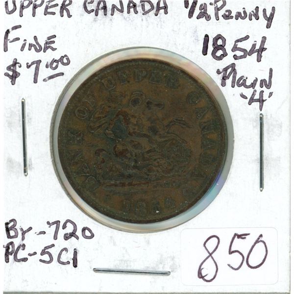 Pre-Confederation Token. Province of Canada 1854 Plain 4 Half Penny Token. Bank of Upper Canada. PC-