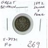 Image 1 : Great Britain. 1892 Silver 3 Pence. Victoria. F+.