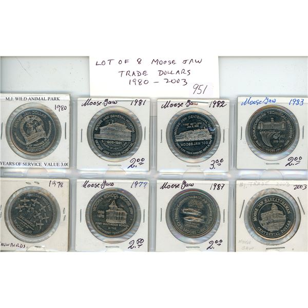 Lot of 8 Moose Jaw, Sask. Trade Dollars 1980 – 2003. Unc.
