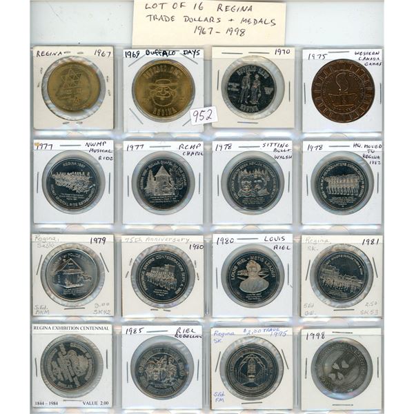 Lot of 16 Regina Trade Dollars & Medals. Includes 1967 Centennial, Buffalo Days, Musical Ride, RCMP 