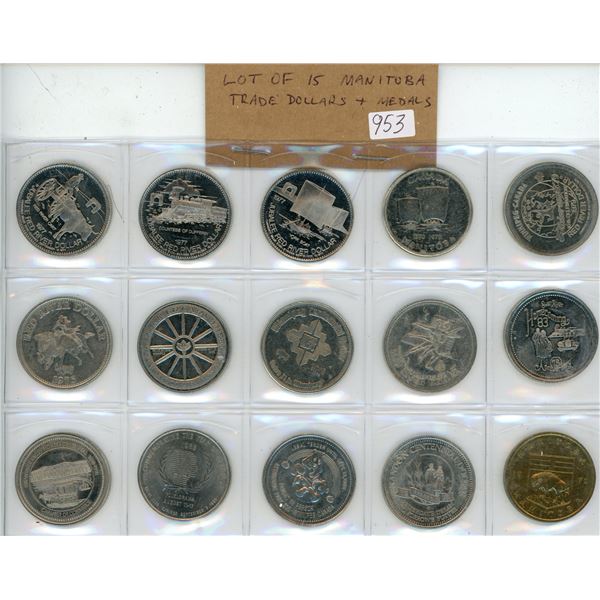 Lot of 15 Manitoba Trade Dollars & Medals. Includes Red River Dollars, Winnipeg, Swan River, Brandon