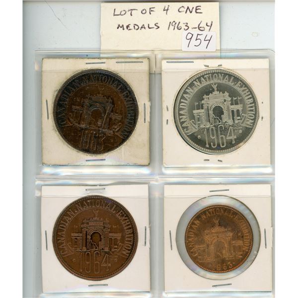 Lot of 4 large Canadian National Exhibition (CNE) medals dated 1963 to 1964. Unc.