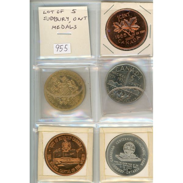 Lot of 5 large Sudbury, Ontario medals, all depicting coins on display at their Numismatic Park. Unc