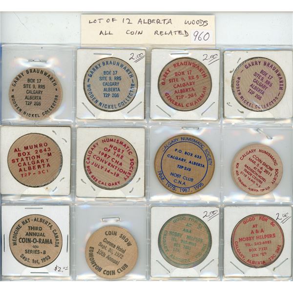 Lot of 12 Alberta Wooden Nickels, all coin related, from Calgary, Medicine Hat & Edmonton.