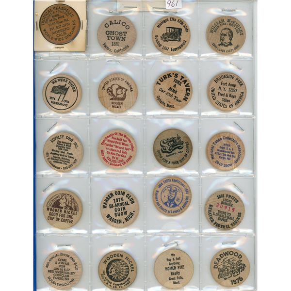Lot of 20 U.S. Wooden Nickels including Tropical Sea Shells, Ghost Town, Elks, Pres. McKinley, Turk’