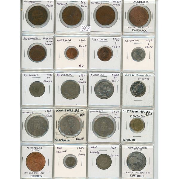Lot of 16 Australian and 4 New Zealand coins. Includes 1922 Australian Penny, World War II issue Pen