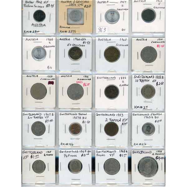 Lot of 20 Austrian and Swiss Coins. Austria includes EF 1902 Heller and Swiss include 1886 2 rappen,