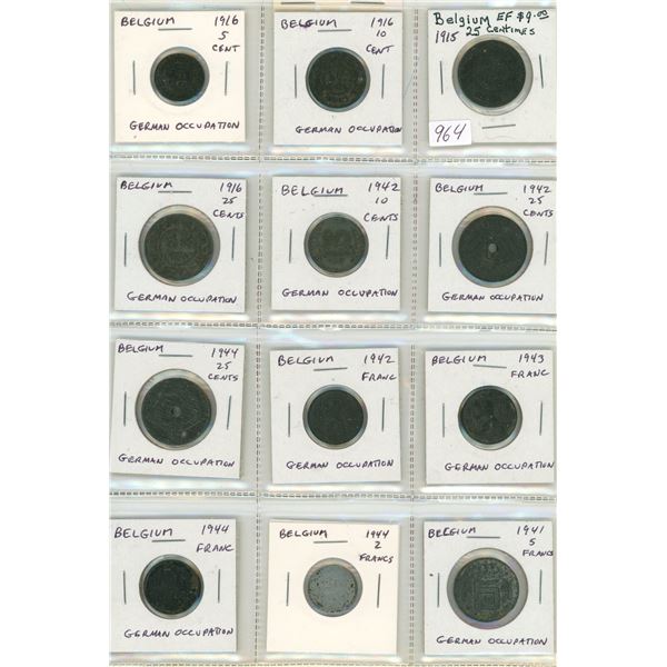 Lot of 12 Belgian World War I & World War II Coins 1916 – 1944. Includes 5 cents, 10 cents & 25 cent