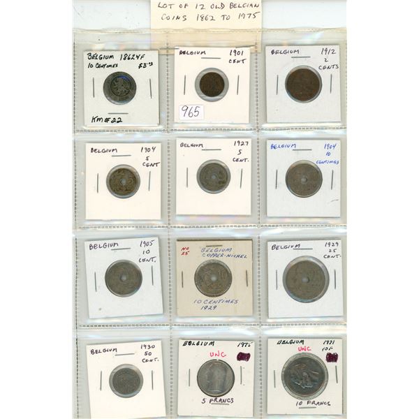 Lot of 12 old Belgian coins 1862 – 1975. 10 of the coins are dated 1862 to 1930.