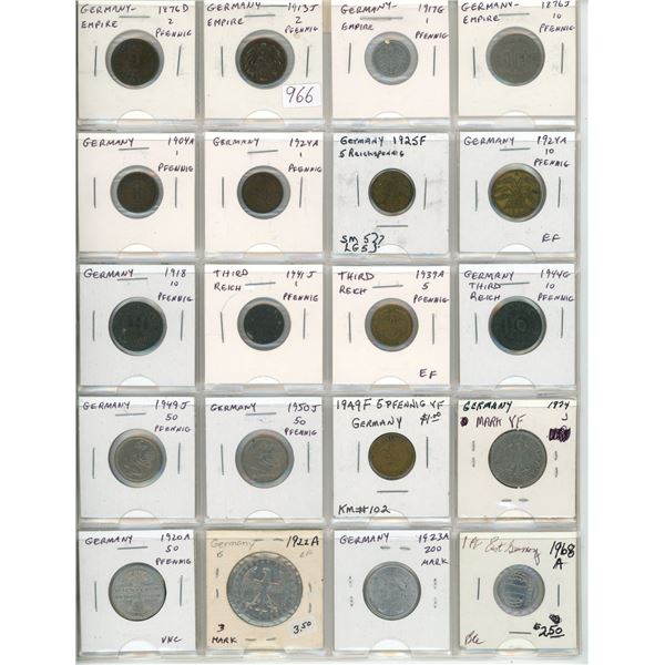 Lot of 20 German coins 1876D – 1974. Includes German Empire, World War I, Weimar Republic, Nazi Thir