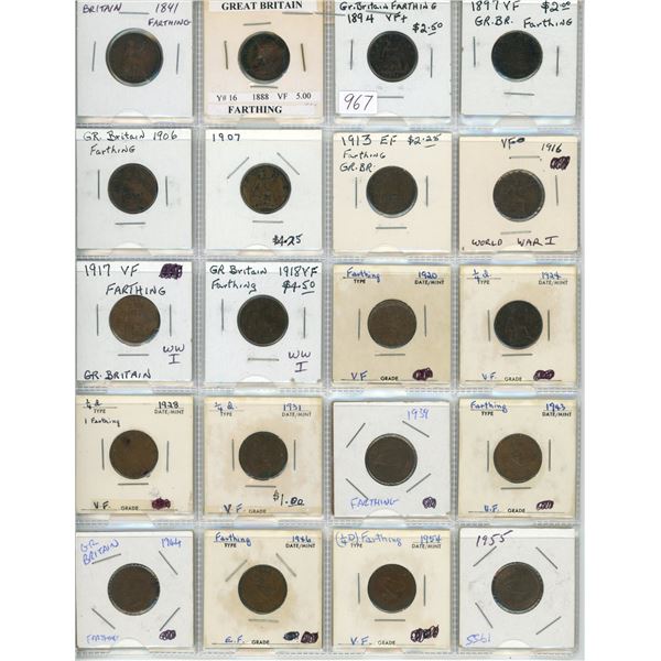Lot of 20 British Farthings 1841 – 1955. Includes 4 Victoria, 2 Edward VII, 8 George V, 2 George VI 