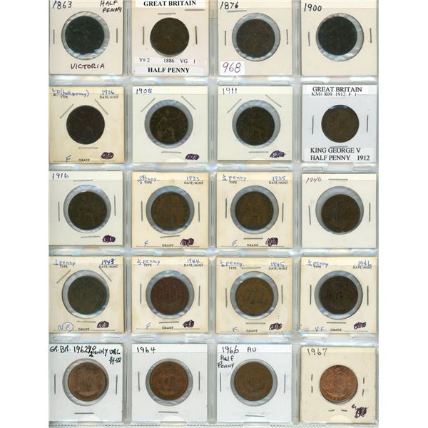Lot of 20 British Half Pennies 1863 – 1967. Includes 4 Victoria, 2 Edward VII, 5 George V, 5 George 