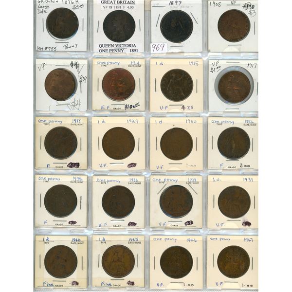 Lot of 20 British Pennies 1876H – 1947. Includes 3 Victoria, 2 Edward VII, 9 George V, & 6 George VI
