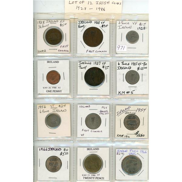 Lot of 12 Irish Coins. Includes first year of issue 1928 Half Penny, Penny & 3 Pence. A nice lot.