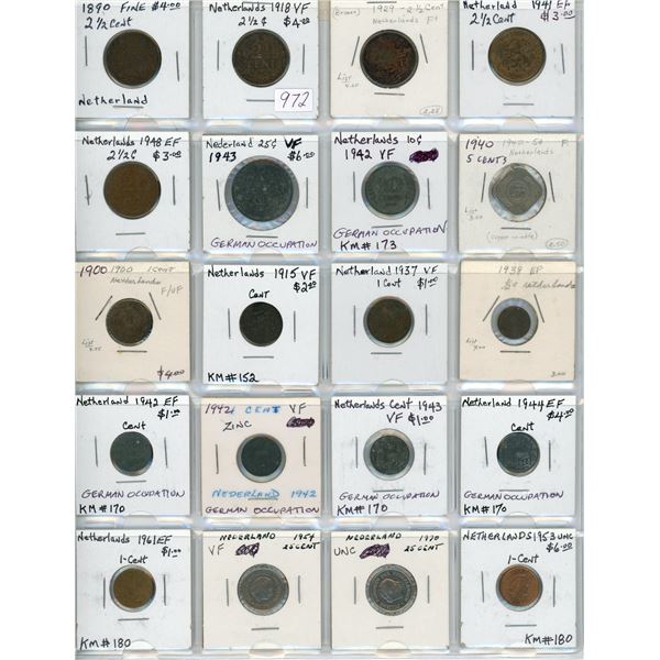 Lot of 20 Netherlands Coins 1890 – 1970. Most are old coins with 2 from WWI and 8 from WWII.