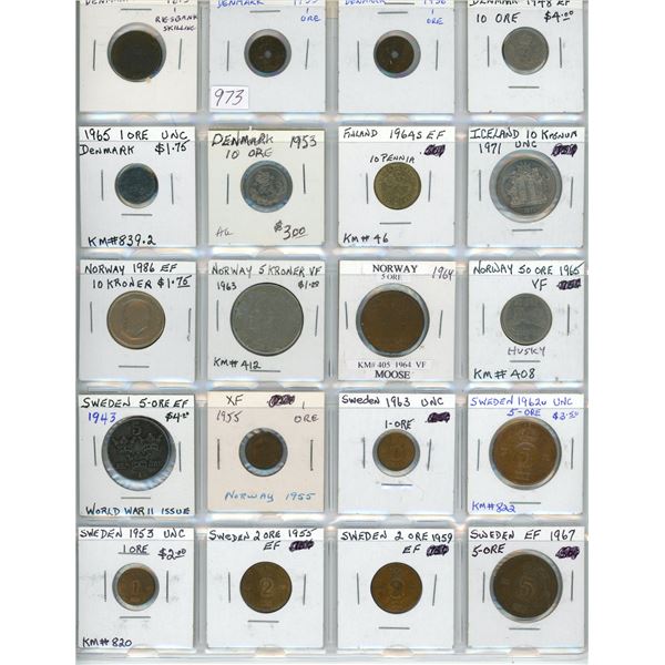 Lot of 20 Scandinavian coins from Denmark (including 1813 1 rigsbank skilling), Finland, Iceland, No