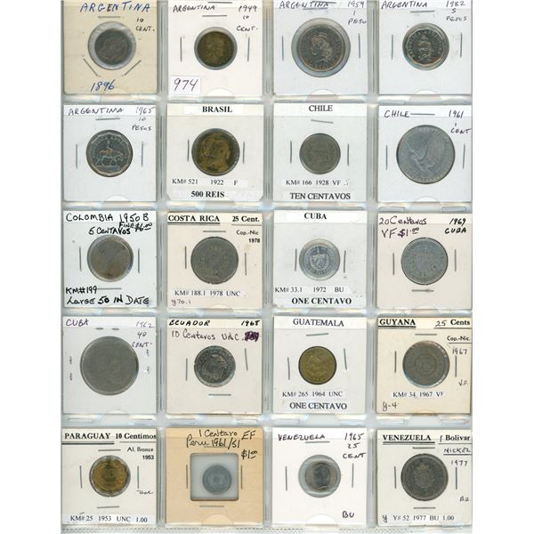 Lot of 20 Latin American Coins from Argentina, Brazil, Chile, Colombia, Costa Rica, Cuba, Ecuador, G