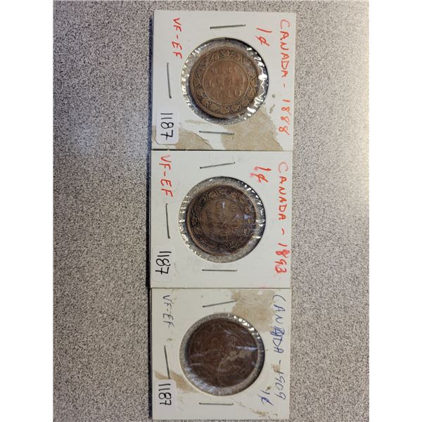 3 Canadian 1¢ - 1888, 1893, 1909