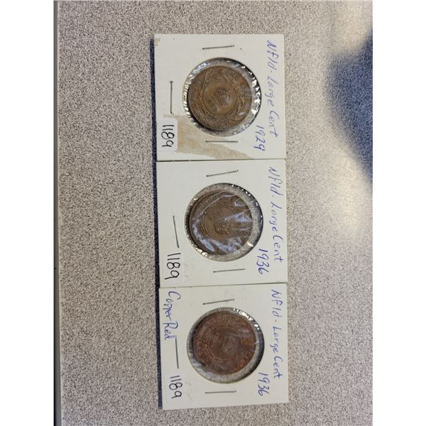 3 X Newfoundland 1¢ coins - 1929 X2 & 1936